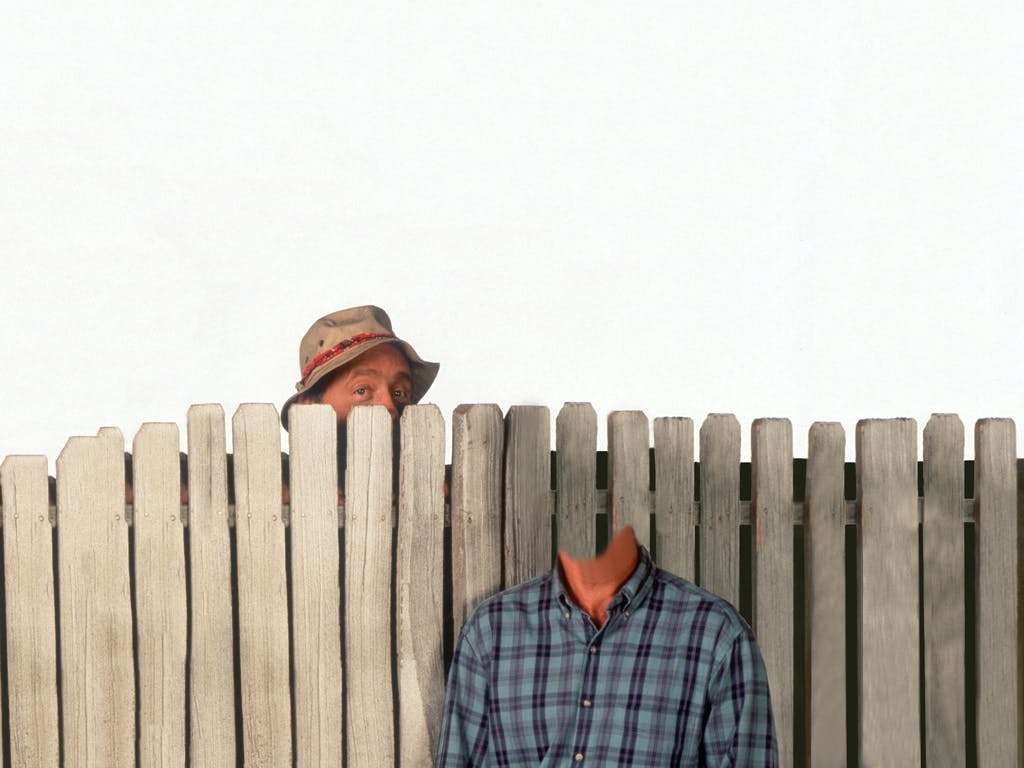 A background of Tim Allen and Wilson talking between their neighbourly fence.